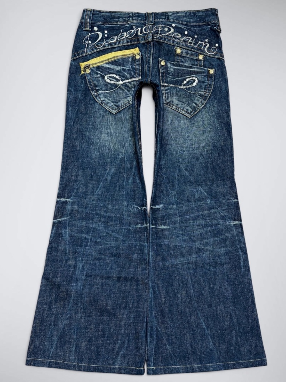 Vintage Riobera Japanese Denim Ultra Low Rise Ultra Flare Jeans Spell Out